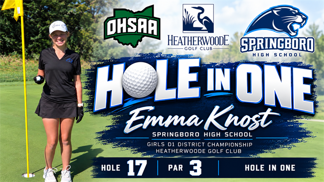 Emma Knost of Springboro celebrates a hole-in-one on the par-3 17th at Heatherwoode Golf Club